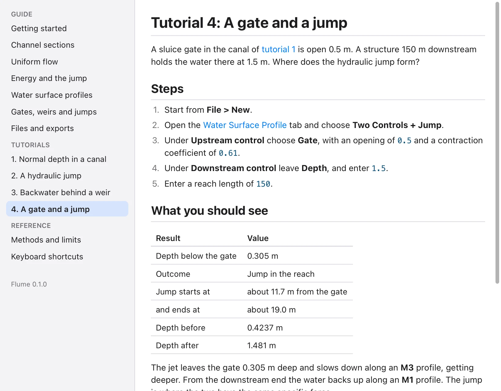 The in-app guide, open on a tutorial about a gate and a hydraulic jump